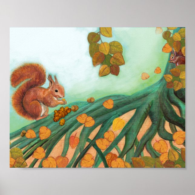 Little Red Squirrel äter Hazelnut Illustration Poster (Framsidan)