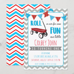Little Red Wagon Boy's 1st Birthday Grått chevron Inbjudningar