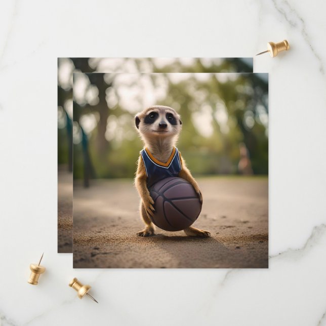 Little Ring Star: Baby Meerkat Holding Basketball Spara Datumet (Fram/Back In Situ)