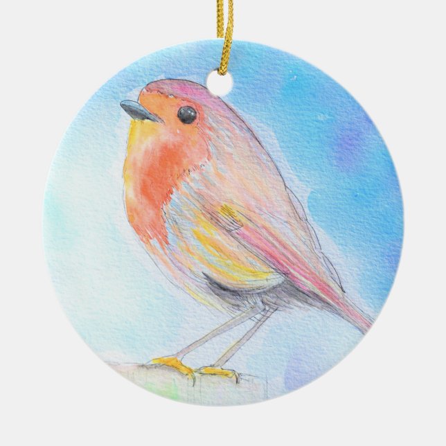 Little Robin Watercolor Painting Julgransprydnad Keramik (Framsidan)