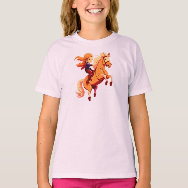 Little Rödhårig Girl Riding Pony Horse T Shirt (Framsida)