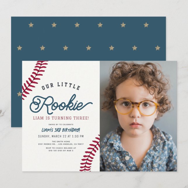 Little Rookie Baseball Boy Birthday Photo Inbjudningar (Fram/baksida)