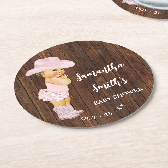 Little Rosa Cowgirl Western Baby Shower Underlägg Papper Rund (Vinklad)