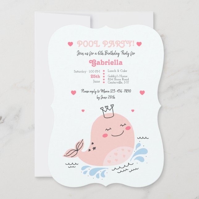 Little Rosa Whale Bassäng Födelsedagsfest Inbjudningar (Framsida)