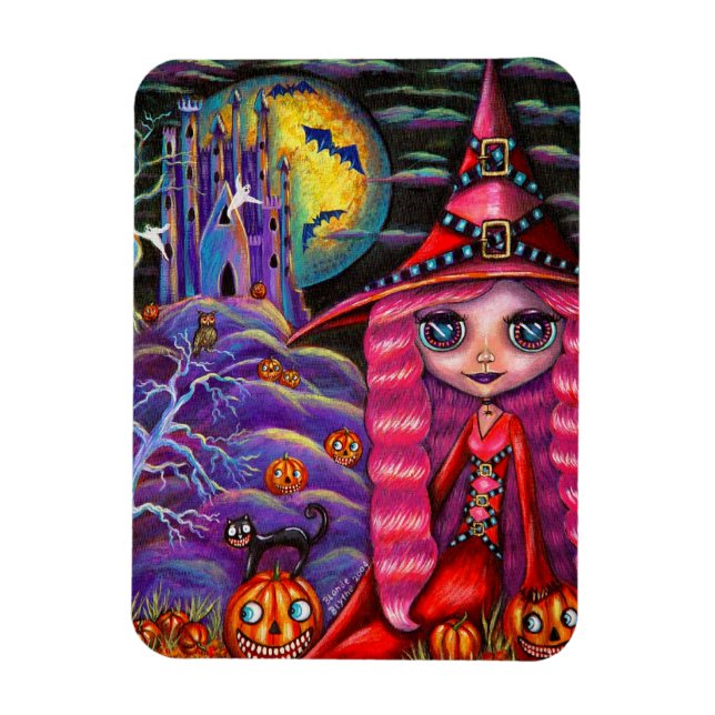 Little Rosa Witch Big Öga Halloween Black Cat Magnet (Vertikal)