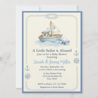 Little Sailor Aboard Blue Baby Shower Invitation Inbjudningar