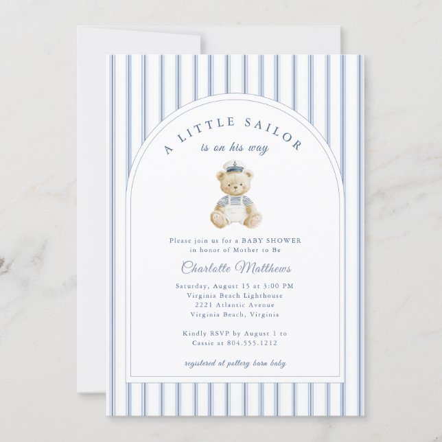 Little Sailor Bear Coastal Baby Shower Invitation Inbjudningar (Framsida)