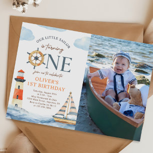 Little Sailor Nautical Blue 1 Birthday Photo Inbjudningar