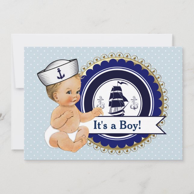 Little Sailor Pojke Nautical Baby Shower Inbjudningar (Framsida)