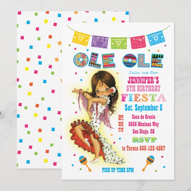 Little Señorita Mexican Fiesta Födelsedagsfest Inbjudningar (Fram/baksida)