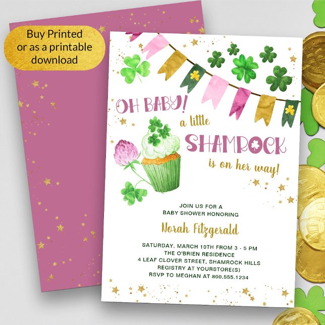 Little Shamrock St Patricks Girl Oh Baby Shower Inbjudningar (Girl Baby Shower St Patricks Theme invitation - available printed or as a printable digital download)