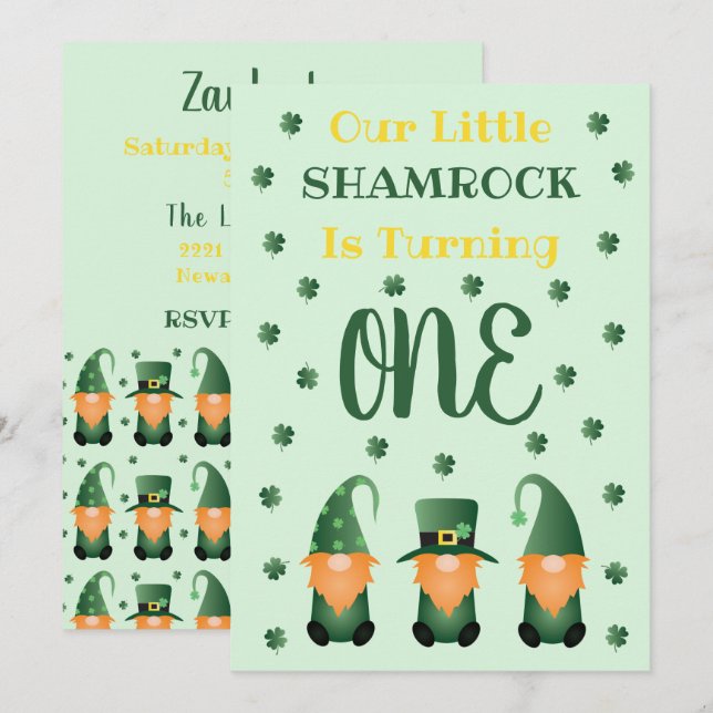 Little Shamrock Turning One Gnomes Inbjudningar (Fram/baksida)