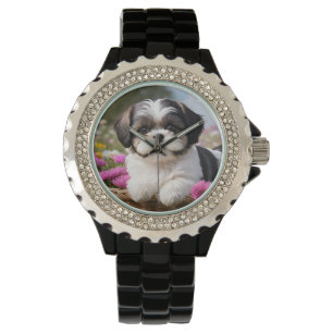 Little Shih Tzu Puppy Basket Flowers Armbandsur