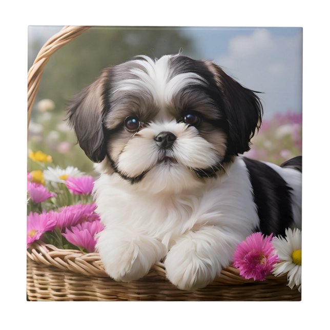 Little Shih Tzu Puppy Basket Flowers Kakelplatta (Framsidan)