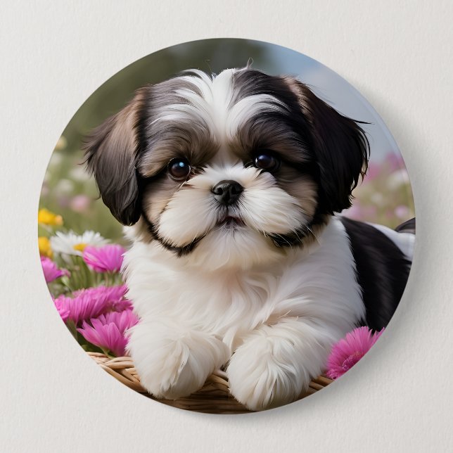 Little Shih Tzu Puppy Basket Flowers Knapp (Framsida)