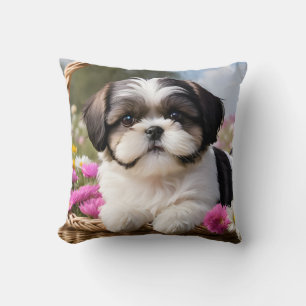 Little Shih Tzu Puppy Basket Flowers Kudde
