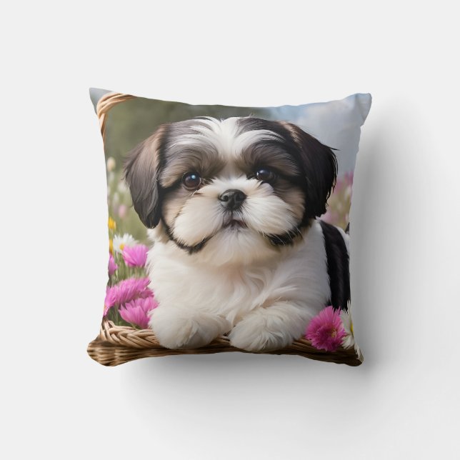 Little Shih Tzu Puppy Basket Flowers Kudde (Framsida)