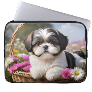 Little Shih Tzu Puppy Basket Flowers Laptop Fodral