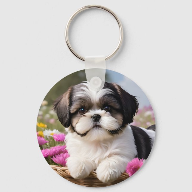 Little Shih Tzu Puppy Basket Flowers Nyckelring (Framsida)