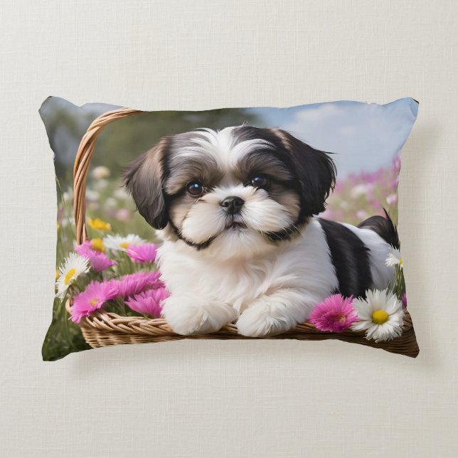 Little Shih Tzu Puppy Basket Flowers Prydnadskudde (Framsidan)