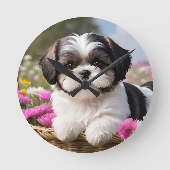 Little Shih Tzu Puppy Basket Flowers Rund Klocka (Framsida)