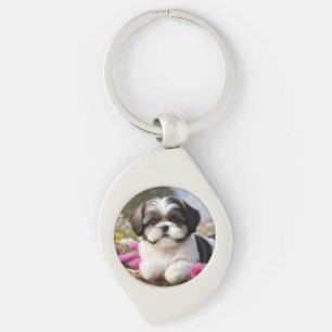 Little Shih Tzu Puppy Basket Flowers Swirl Silverfärgad Nyckelring