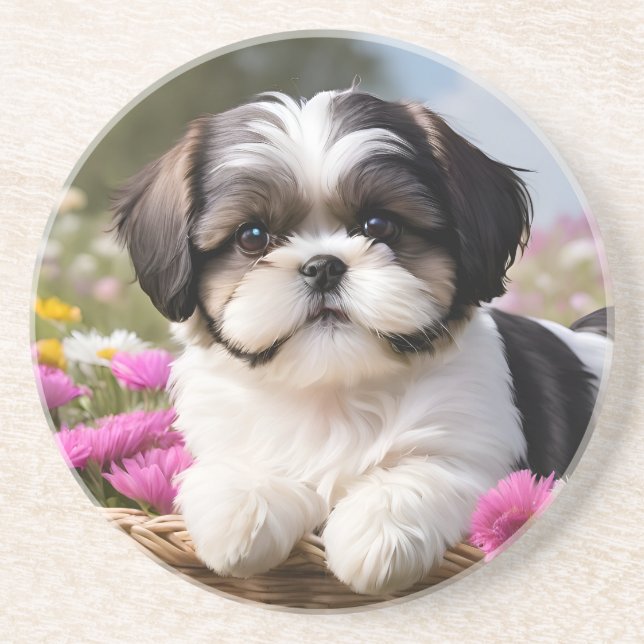 Little Shih Tzu Puppy Basket Flowers Underlägg (Framsidan)