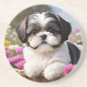 Little Shih Tzu Puppy Basket Flowers Underlägg