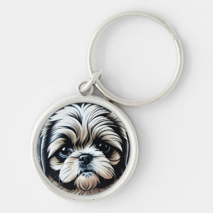Little Shih Tzu Puppy-nyckelkedja Rund Silverfärgad Nyckelring