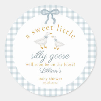 Little Silly Goose Bow Baby Shower Blue Gingham Runt Klistermärke