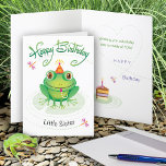Little Sister Cute Birthday Frog Kort<br><div class="desc">Den här söta grodan sitter på en lilyplatta som stirrar på en bit av födelsedagskalas framför honom. Skicka det här till din lillasyster som kärlek grodor och önska dem roligt!</div>