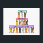 Little Sister Grattis på födelsedagen Cute Cats Vykort<br><div class="desc">Tre rader med tecknad katter som håller upp brigant färgad banderoller som har "Grattis på födelsedagen till min lillasyster" skriven på dem.</div>