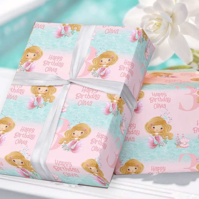 Little Sjöjungfru Blond Hair Rosa Girl Girl Presentpapper (Little Mermaid Blond Hair Pink Girl Wrapping Paper)