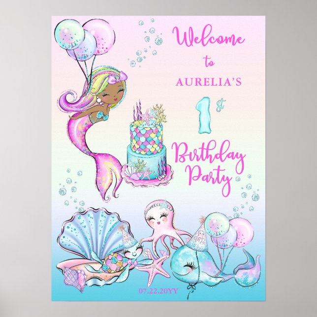 Little Sjöjungfru Färg - Girl 1st Birthday Party Poster (Framsidan)