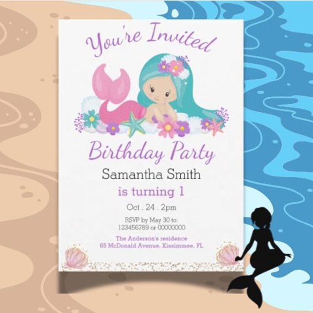 Little Sjöjungfru Glitter Födelsedagsfest Inbjudningar (You’re Invited to a Magical Under the Sea 1st Birthday!)