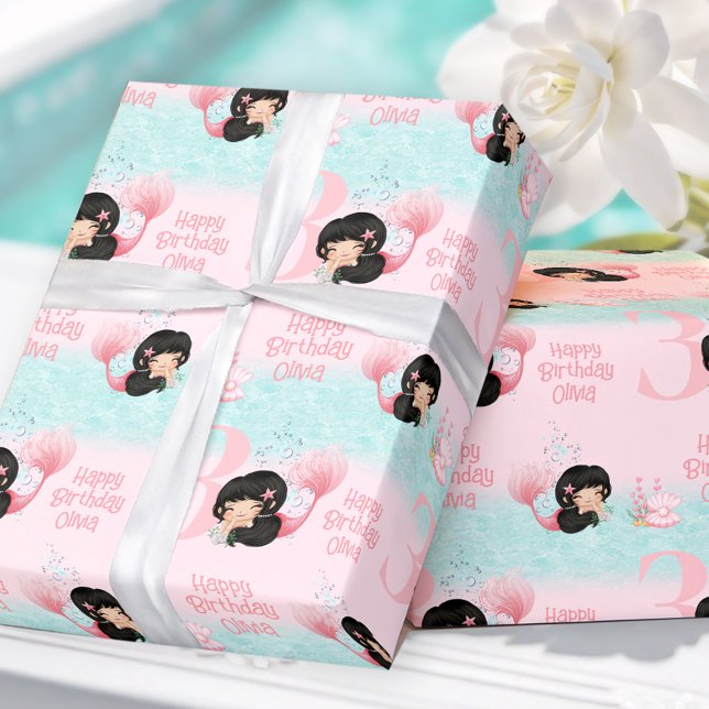 Little Sjöjungfru Mörk Hair Rosa Girl Girl Presentpapper (Little Mermaid Dark Hair Pink Girl Wrapping Paper)