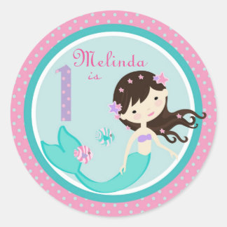 Little Sjöjungfru Sticker Brunette 1 Runt Klistermärke