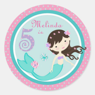 Little Sjöjungfru Sticker Brunette 5 Runt Klistermärke