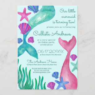 Little Sjöjungfru Svan Seashells Watercolor Birthd Inbjudningar