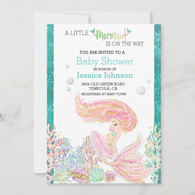 Little Sjöjungfru Watercolor Baby Shower Glitter Inbjudningar (Framsida)