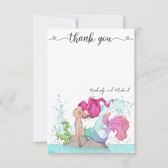 Little Sjöjungfru Watercolor Birthday Baby Shower Tack Kort (Framsida)
