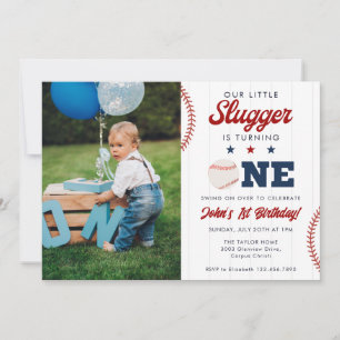Little Slugger Baseball 1-års födelsedagsfoto Inbjudningar