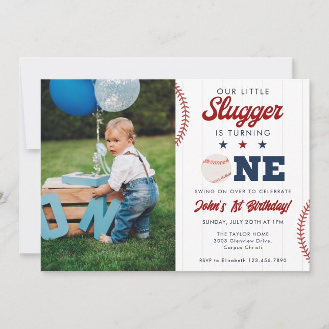 Little Slugger Baseball 1-års födelsedagsfoto Inbjudningar (Framsida)