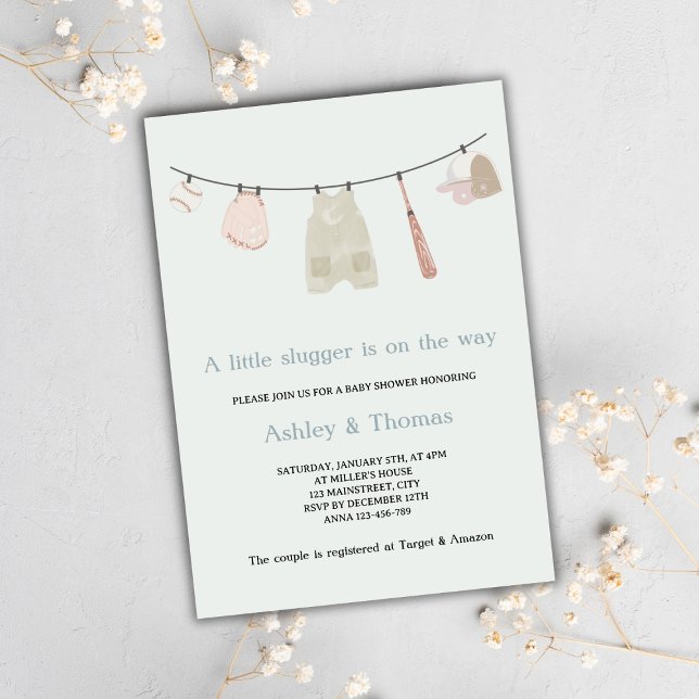 Little Slugger Baseball Neutralt Baby Shower Inbjudningar (little slugger on the way baseball baby shower invitation gender neutral cute sports baby shower)