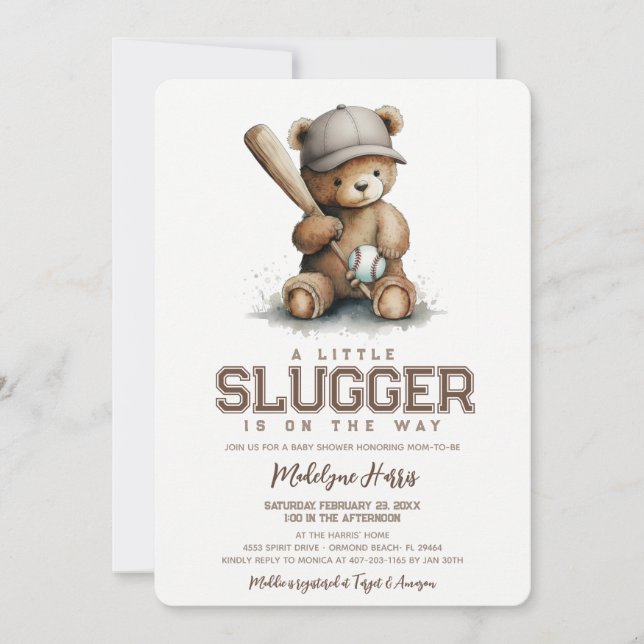 Little Slugger Neutral Teddy Baseball Baby Shower Inbjudningar (Framsida)