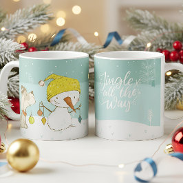 Little snögubbe och hund på julvintern kaffemugg