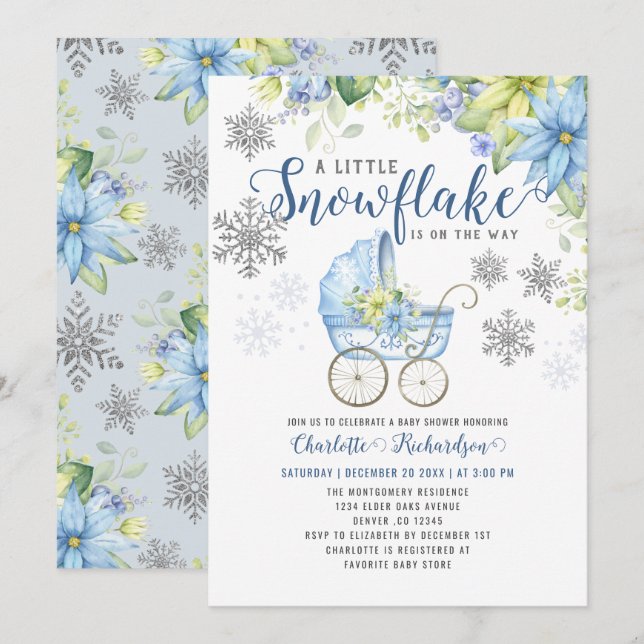 Little Snowflake Blue Blommigt Winter Baby Shower Inbjudningar (Fram/baksida)