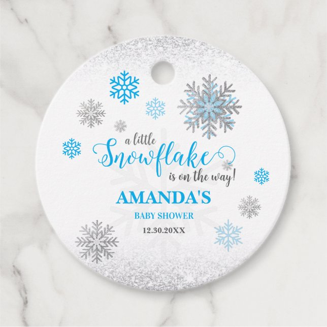 Little Snowflake Blue Silver Glittery Baby Shower  Gåvor Etiketter (Framsida)