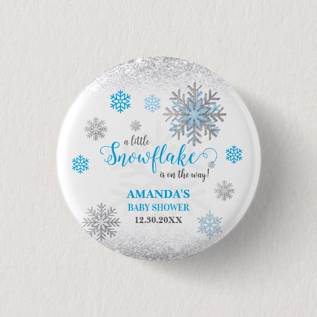 Little Snowflake Blue Silver Glittery Baby Shower  Knapp (Framsida)