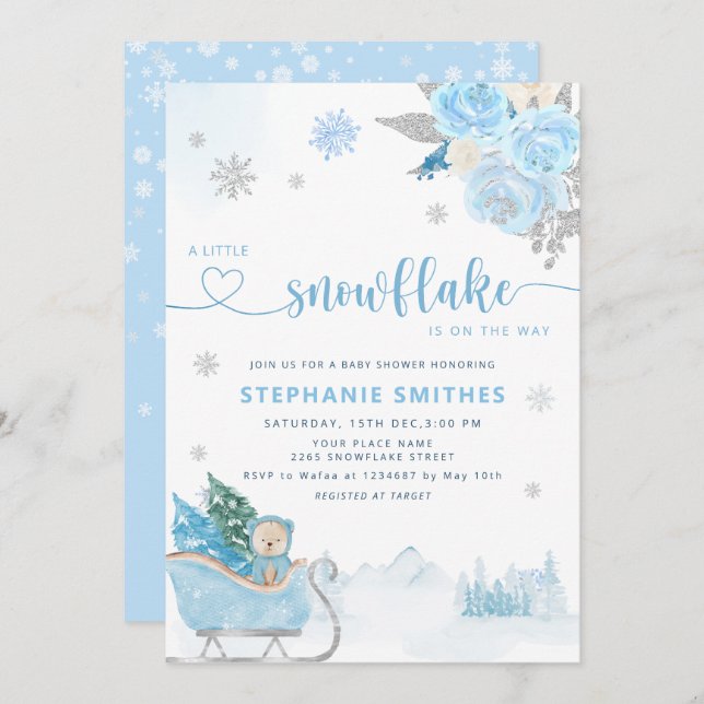 Little Snowflake Nalle Winter Baby Shower Boy Inbjudningar (Fram/baksida)